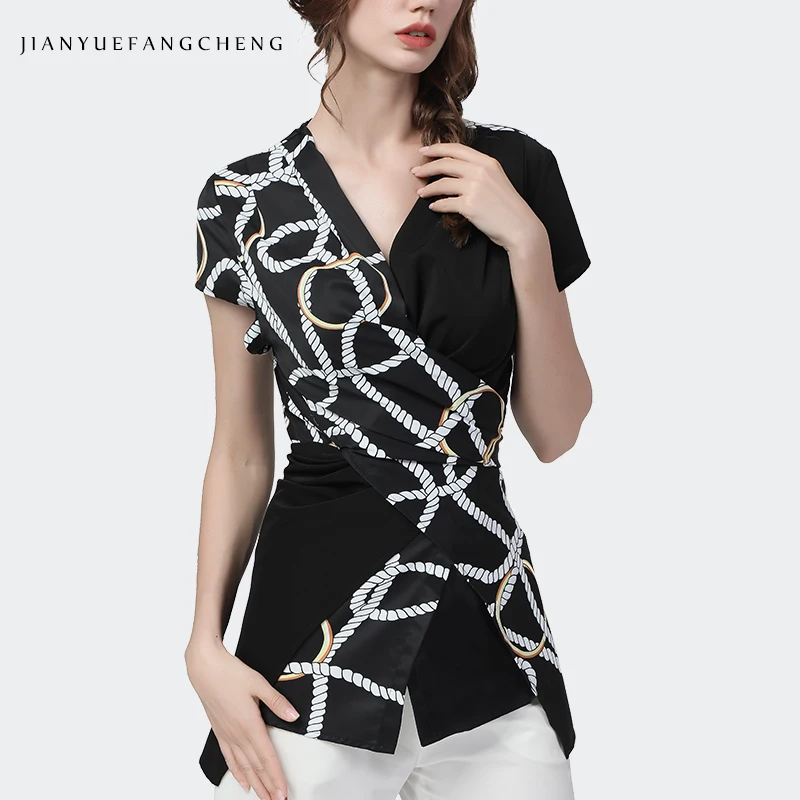 Fashionable Thin Female Shirt Spliced Printed Slim V-Neck Ladies Top Short Sleeved Temperament Elegant Women Summer Blouses New 2