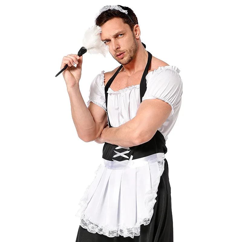 French Gothic Maid for Men Sexy Sling Black White lolita Dress Sets Uniform Butler halloween  Cosplay Costume waiter stage cloth