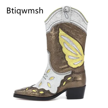 

2020 Butterfly Embroidery Ankle Boots Women Square Toe Gold Silver Leather High Heel Boots Woman Cowboy Western Boots