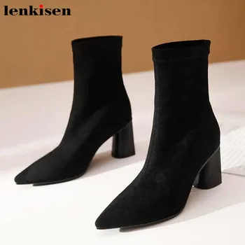 

Lenkisen Korean popular soft stretch flock boots fashion solid pointed toe high heels winter keep warm women ankle boots L78