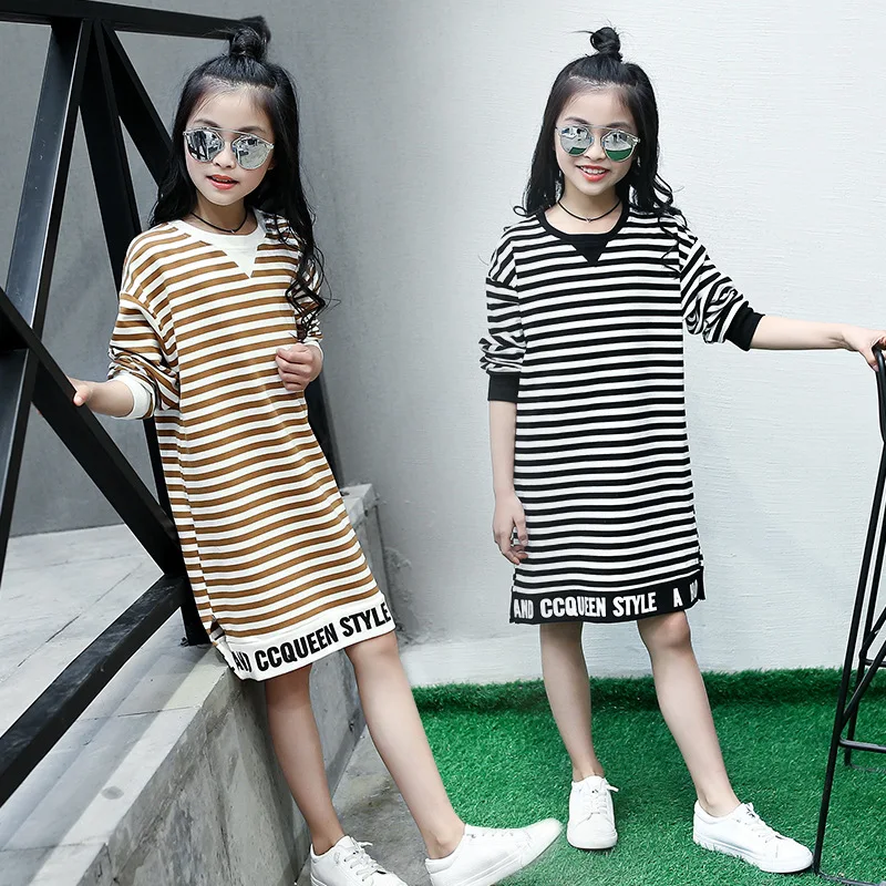 Children's dress Girls Spring and Autumn striped letter in the long casual blouse shirt Middle school student clothes