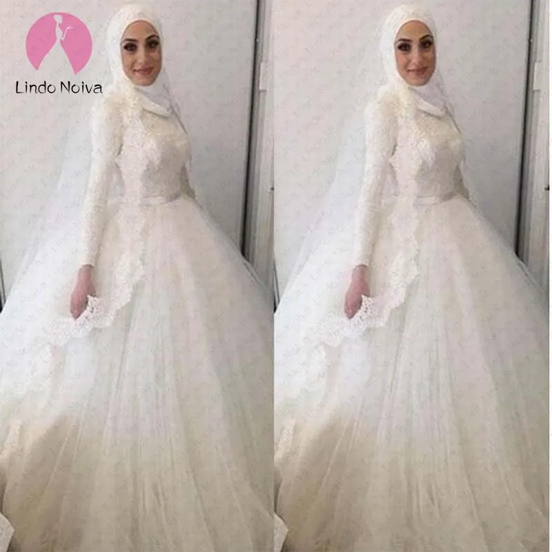 Мусульманское Vestido De Noiva Элегантный Высокий воротник с длинными рукавами бальное платье Свадебные платья ислам Дубаи арабский Кружева Свадебные платья из фатина