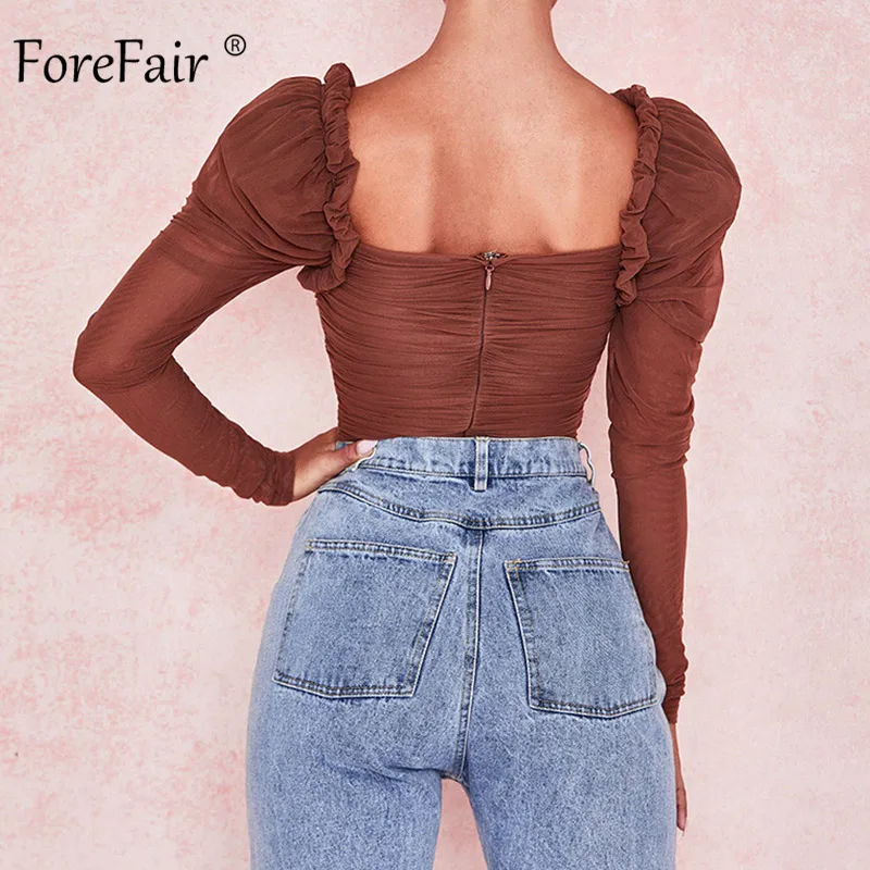 Forefair/сексуальное боди с длинными рукавами и сеткой для женщин, топы, вечерние Клубные, с квадратным вырезом, с открытой спиной, с рюшами, облегающее осеннее боди