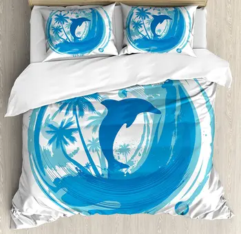 

Dolphin Duvet Cover Set Tropical Theme Maritime Image Ocean Inspired Image Exotic Trees and Birds Print Bedding Set Blue