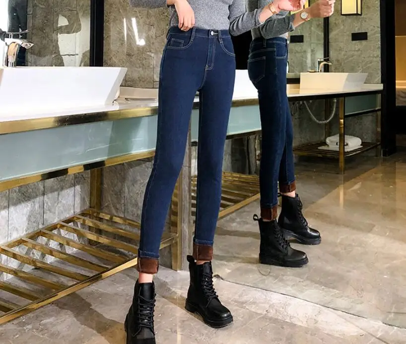 Blue brown Ff9907 новые осенние зимние женские модные повседневные джинсовые штаны Плюс кашемировые утепленные женские джинсы с высокой талией - Цвет: Blue brown