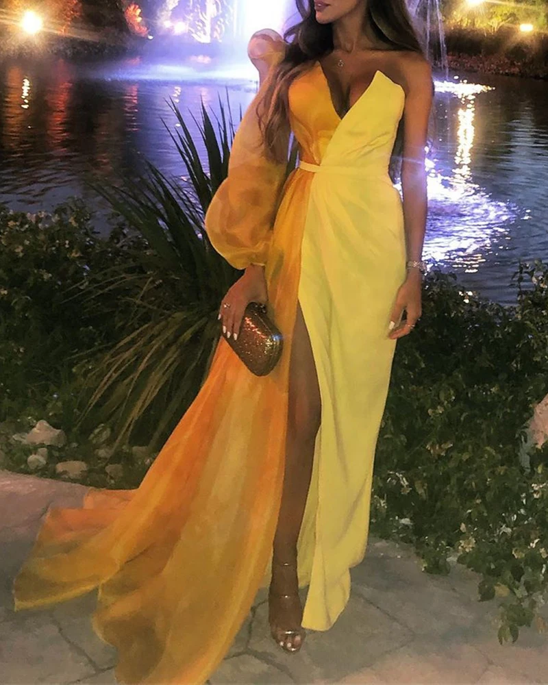 Женское элегантное платье макси на одно плечо, желтое вечернее платье с v-образным вырезом, разноцветное платье с пышными рукавами, Сетчатое платье с высоким разрезом