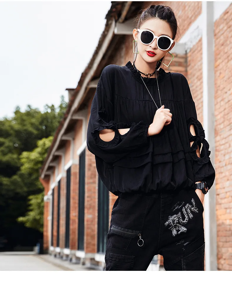 Vefadisa Hollow Out Long Sleeve T-shirt Fungus Patchwork Women T-shirt 2020 Autumn Plus Size Women T-shirt Black Red QYF3671