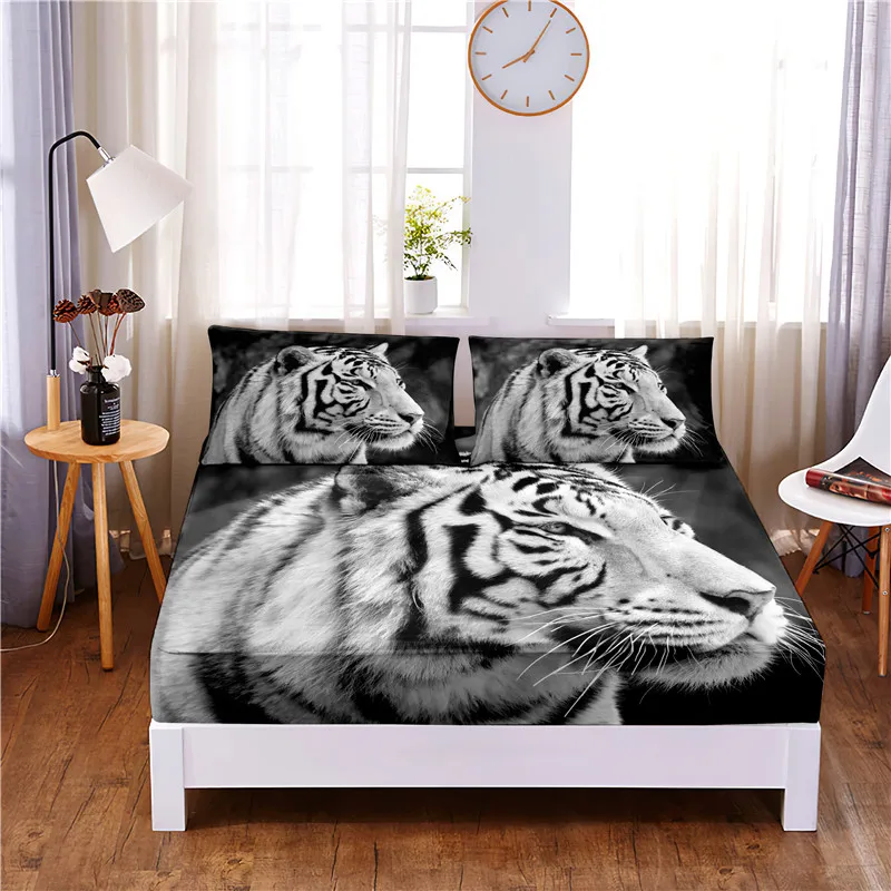 

Tiger Digital Printed 3pc Polyester Fitted Sheet Mattress Cover Four Corners with Elastic Band Bed Sheet Pillowcases