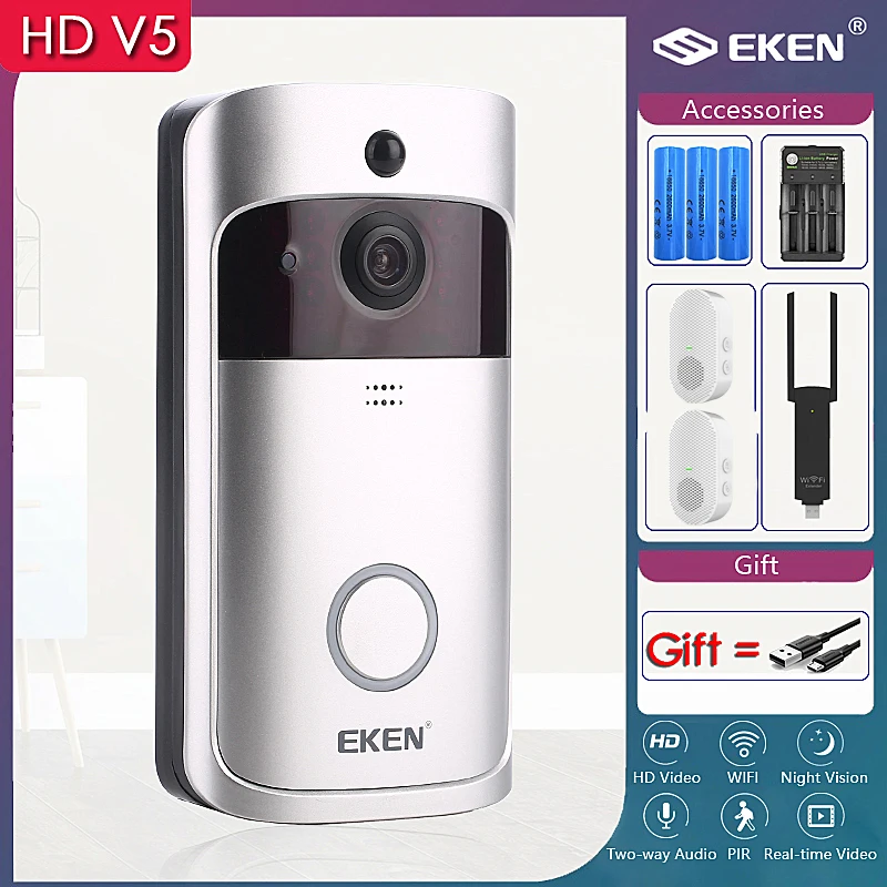 EKEN-timbre inteligente V5, intercomunicador con vídeo IP, WIFI, cámara de seguridad inalámbrica, alarma IR