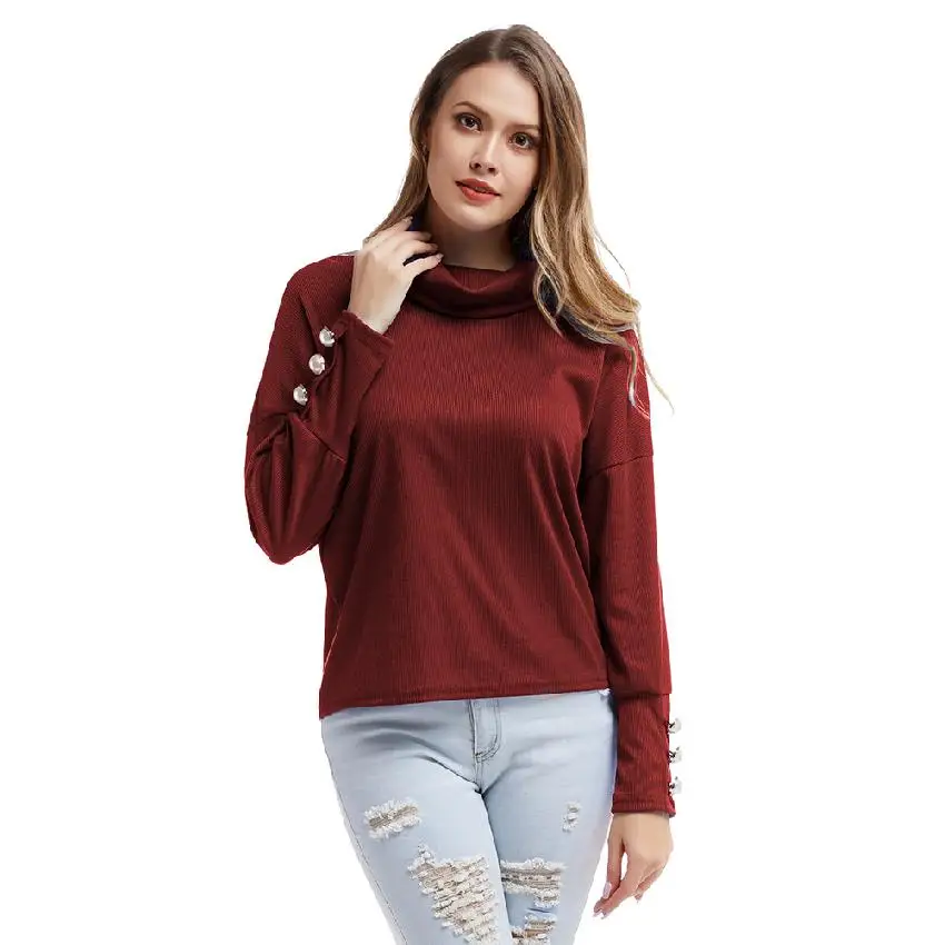 

Bikitique Women's High Neck Pearl Button Pullover Long Sleeves Pure Color Loose Ladies Sexy T-Shirt Casual Vintage Tshirt