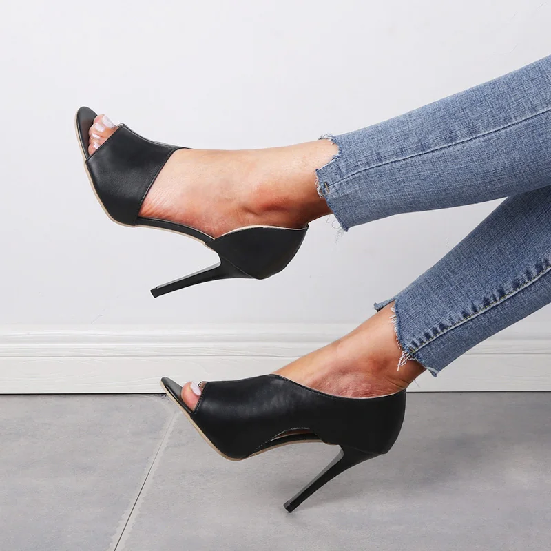 Женщины Кожа PU Насосы Твердотопливные вырезов Sexy Toe Пип дышащий женщина Высокая