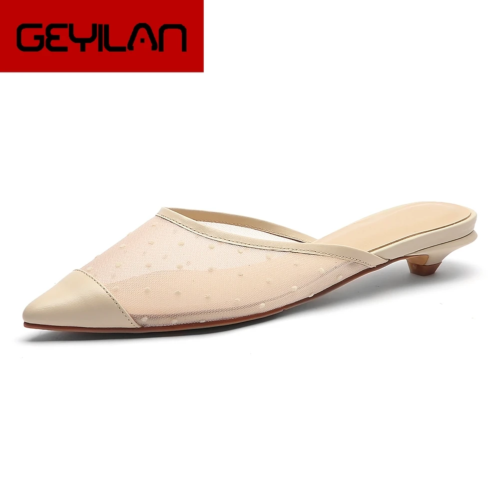 

brand design cow leather slip on elegant air mesh pumps mules woman shoes low heels pointed toe summer shoes woman mules