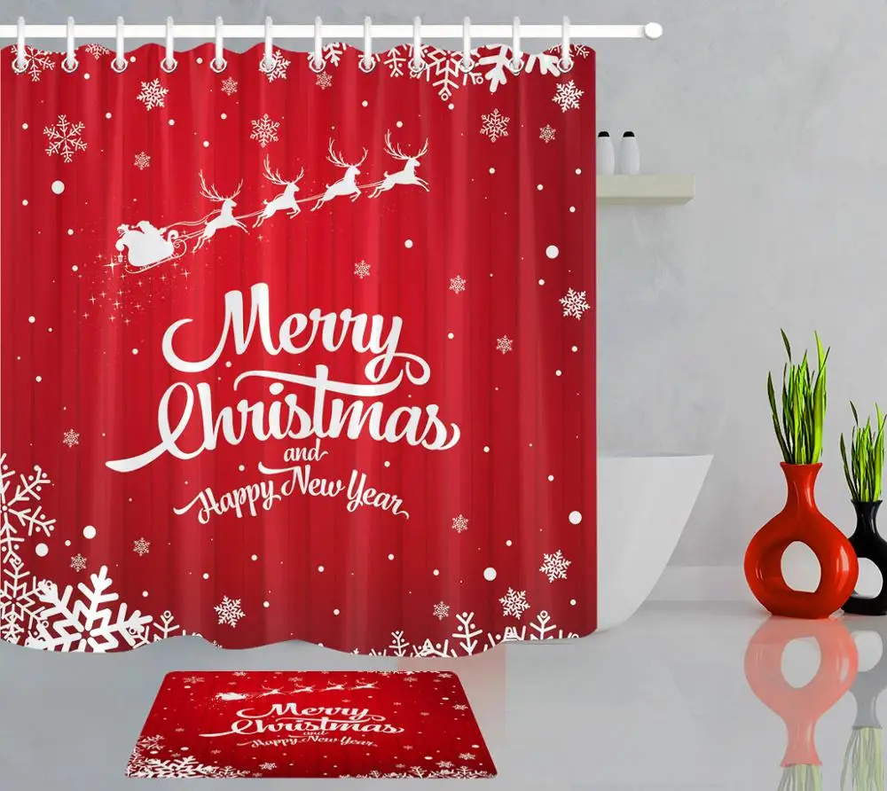 Merry Christmas Snowflake Print Red Shower Curtain Bathing Floor Mat ...