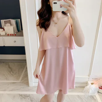 

Women Ruffles Spaghetti Strap Nightgown Sexy Satin Nightdress Sleepwewar Summer New Kimono Bathrobe Gown Intimate Lingerie