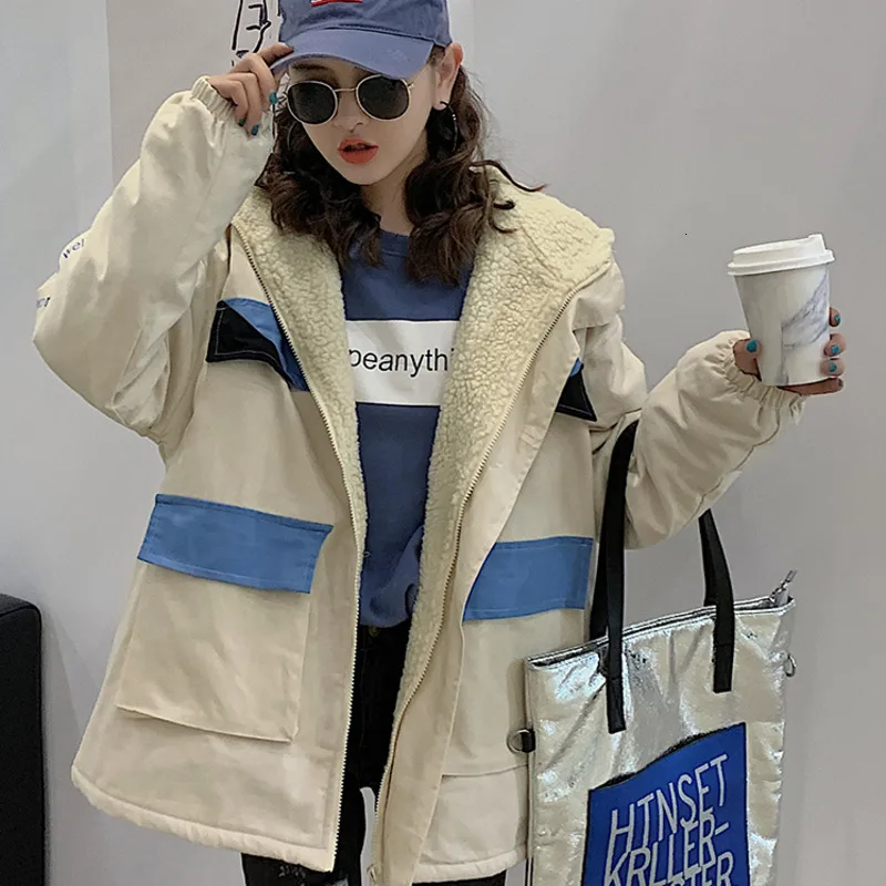 

#9157Winter Thick Jackets Coats Women Warm Loose Jacket Coat Ladies Letter Pockets Big Size Hoodie Retro Jackets Female Outwear
