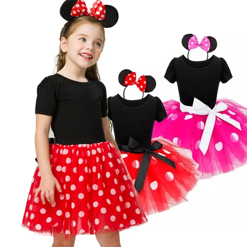 Girls Minnie Mouse Red Black Dress Yellow Bow Costume Cosplay Sundress 2T-7 NEW