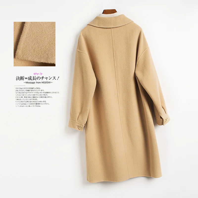 YSC Handmade New design women high quality Pure Wool Coat Turn collar Loose Thickening coat Lengthening style Pocket decoration