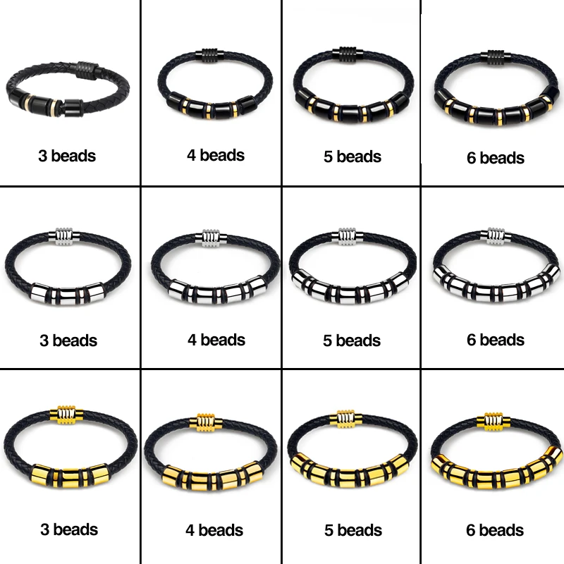 MingAo Custom Engraved Name Bracelet Single Leather Beads Braclet For Men Women Punk Black Gold Stainless Steel Beaded Bracelets