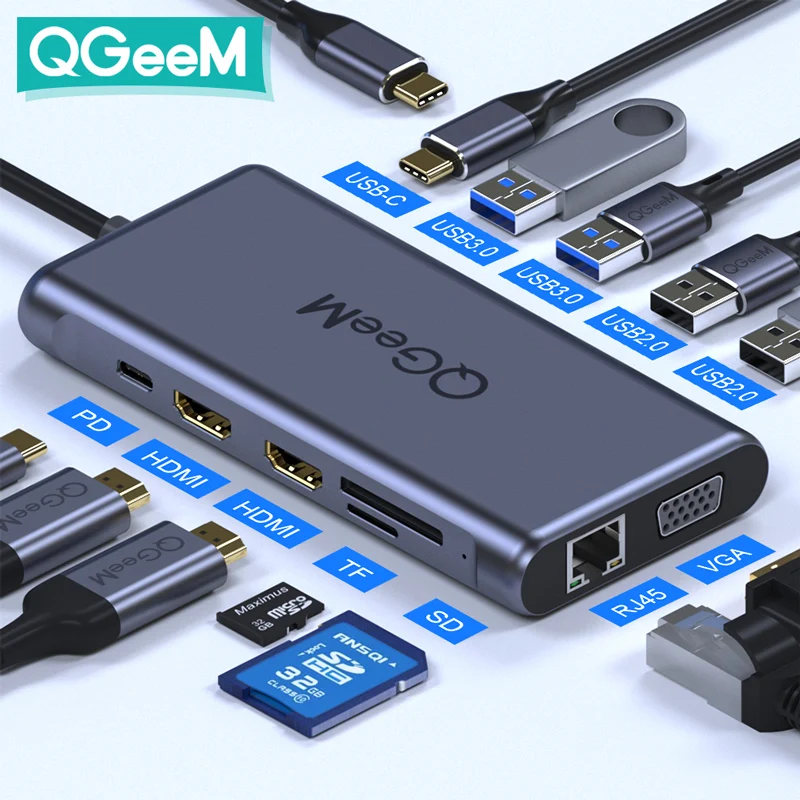 QGeeM USB C Hub para Macbook Pro Air Xiaomi Triplo Display Tipo C Hub para 4K Dual HDMI VGA Leitores de Cartão Micro SD RJ45 Gigabit PD Charger Hub USB Tipo C Divisor de Adaptador de Dock para Notebooks PC Acessórios