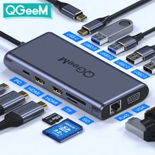 QGeeM-Hub USB type-c vers Macbook Pro à Triple affichage vers 4K double HDMI, VGA, Micro SD, RJ45 Aux, adaptateur Hub USB PD