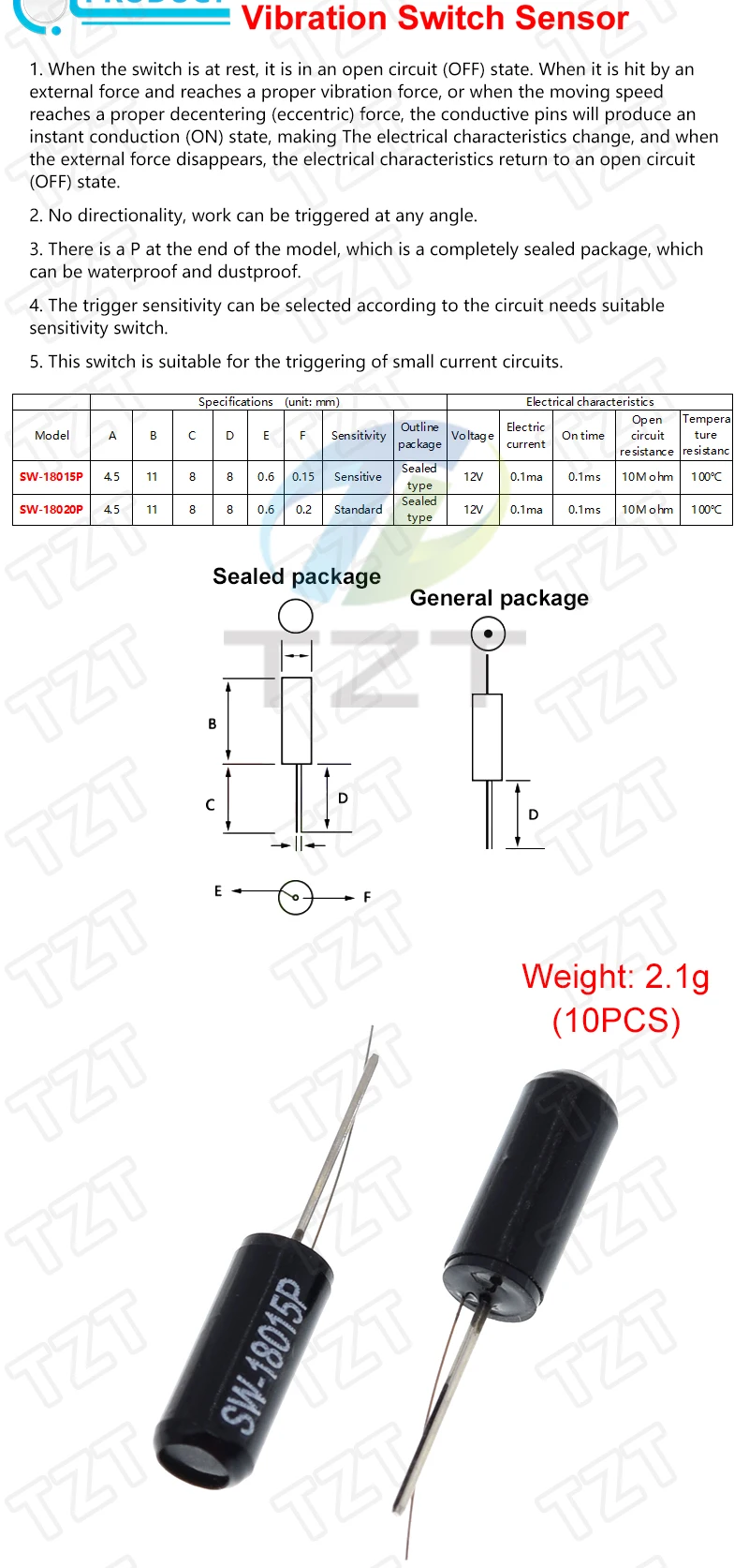 TZT SW-200D/420/520D/18010P/18015P/18020P/58010P 12V Hoch Vibration Schalter Ball Tilt Doppel perle Winkel Frühling Sensor – Detail 4