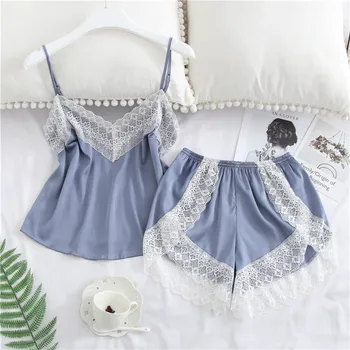 

Sexy Satin Pajama Set Women's Sleepwear White Lace V-Neck Pyjamas Sleeveless Cute Cami Top and Shorts Nighty Sets