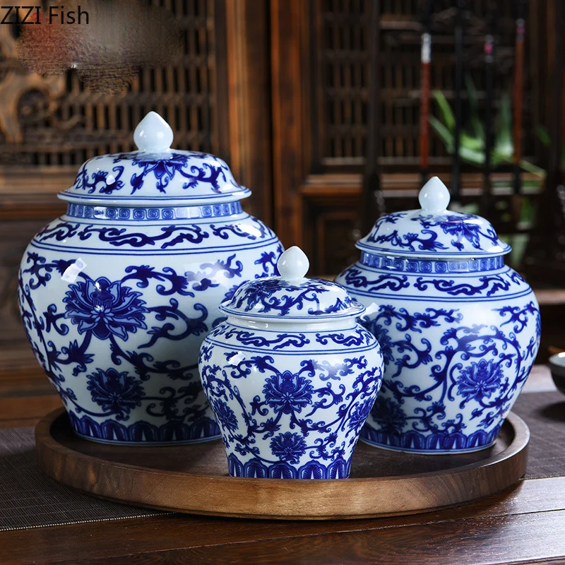 Simple Blue and White Porcelain General Tank Ceramic Storage Tank with Lid Ceramic Tea Pot Large Sealed Storage Tea Jar ceramic storage jar airtight container