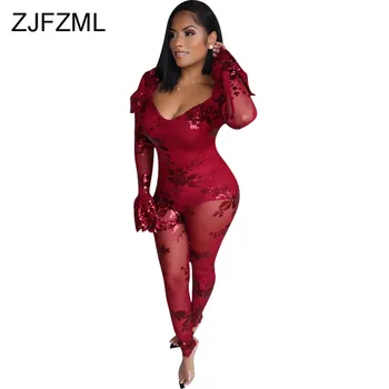 

Sequined Embroidery Sexy Club Jumpsuits Women Square Neck Flare Sleeve Perspective Mesh Playsuit Elegant Bodycon Party Bodysuit