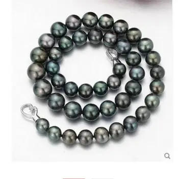 

Fashion jewelry Free Shipping stunning 10-11mm round black green pearl necklace 18inch 925s