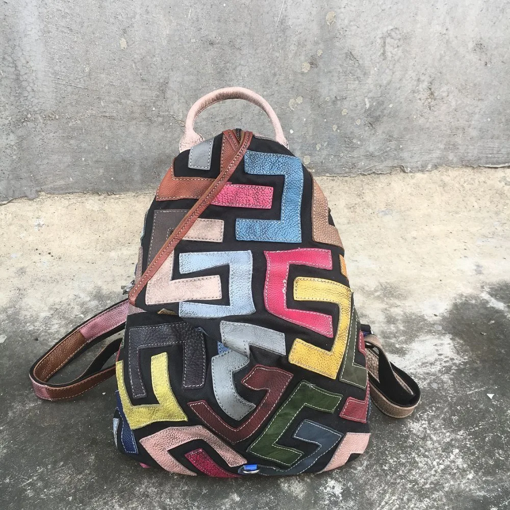 Женский рюкзак из натуральной кожи с эффектом потертости, женский рюкзак из натуральной кожи, разноцветный лоскутный треугольник, стильный женский рюкзак, сумка