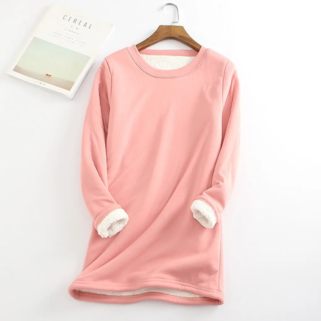 Женская Осенняя зимняя свободная утолщенная бархатная теплая приталенная рубашка размера плюс, шерстяная футболка, женские длинные топы - Цвет: Розовый