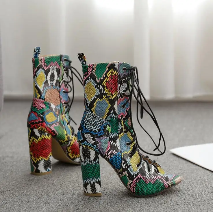 

winter new cross strap color snake pattern thick high heel strap snake pattern women work boots leather durable durable boots