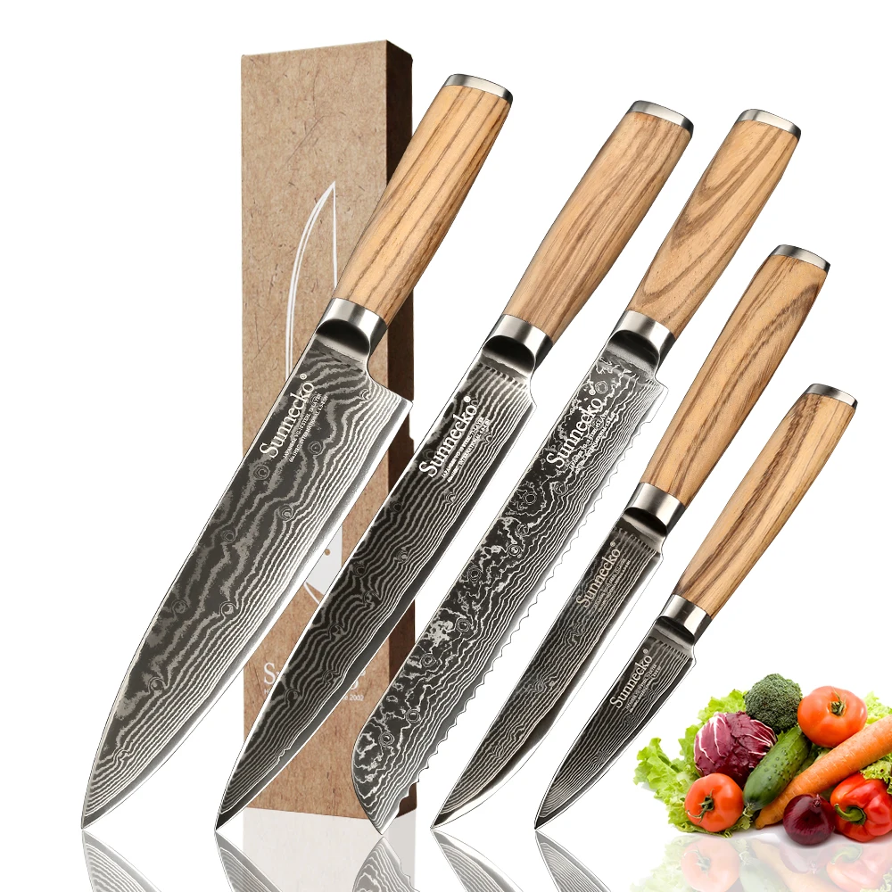 

SUNNECKO Chef Slicing Utility Bread Knife Damascus Japanese VG10 Steel 5PCS Kitchen Knives Set Original Wood Handle Meat Cutter