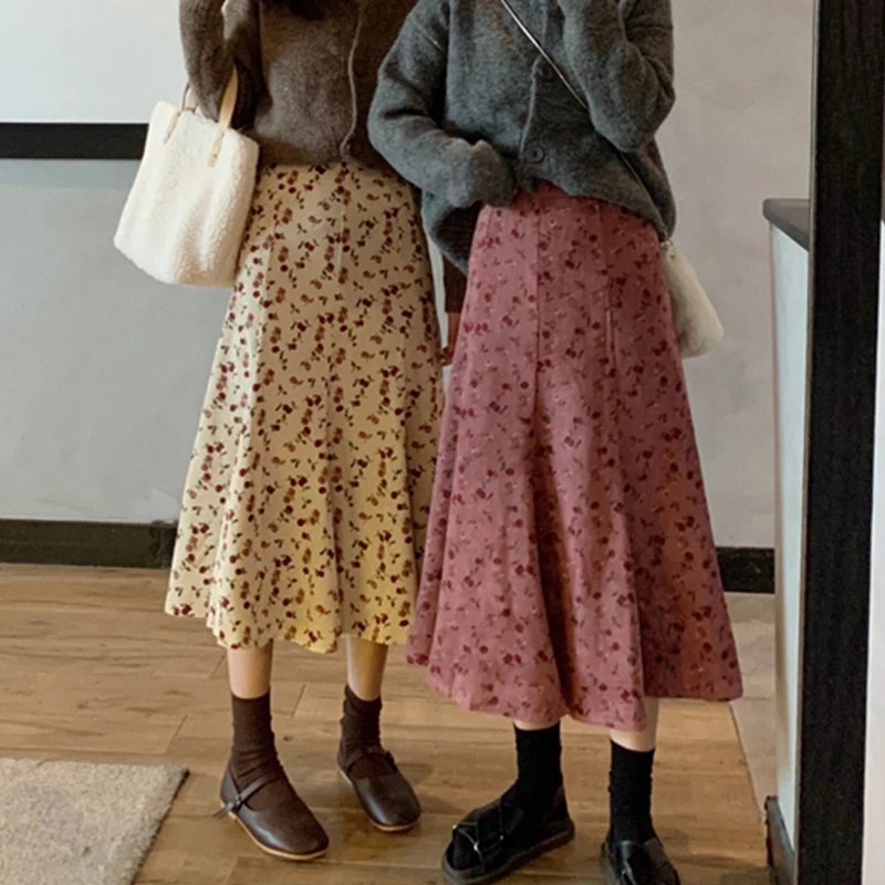 Harajuku Floral Print Woman Skirt Korea High Waist Loose A-Line Skirt Ladies The New Simple Slim Fit Autumn Skirt Women