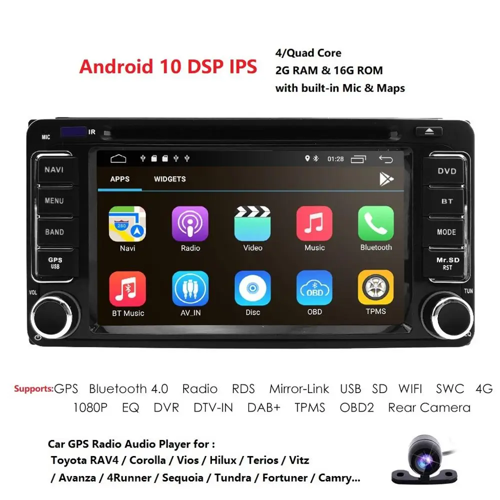 Android 10 DVD плеер для Toyota Universal RAV4 COROLLA VIOS HILUX Terios Land Cruiser 100 PRADO 4runner DVR Bluetooth задняя