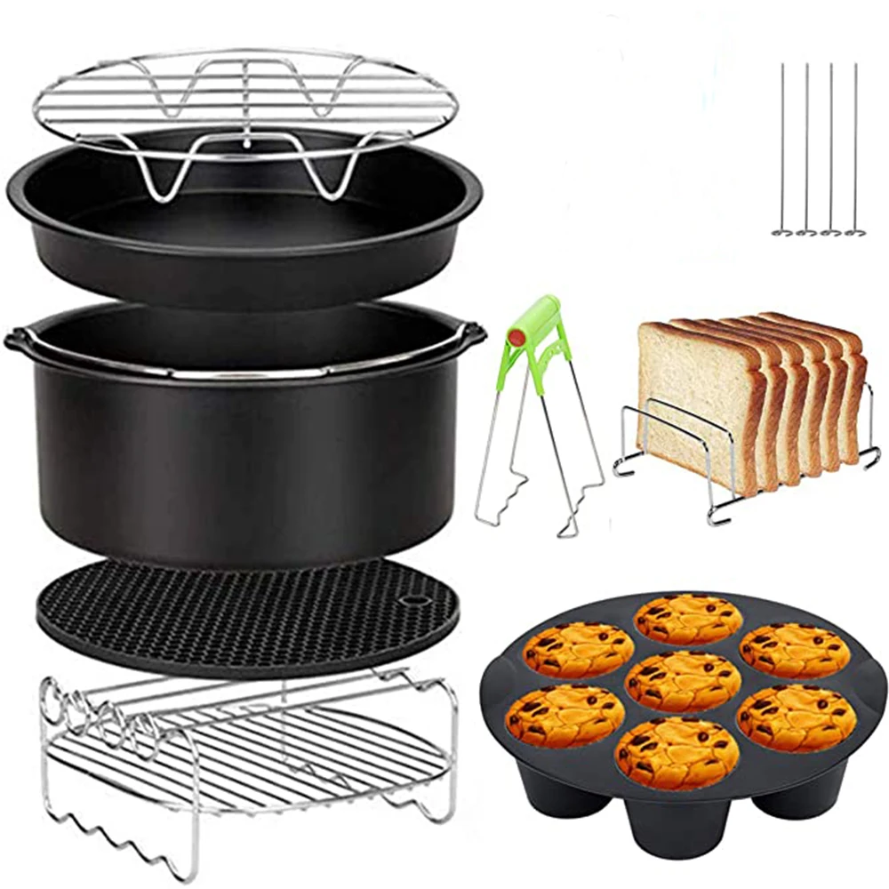 Air Fryer Accessories Kit Set of 7 Fits All 5.2-5.8QT 8 Inch Brands of Deep Fryers Grill Pan Accessory Metal Holder Skewer Rack Cake Barrel 