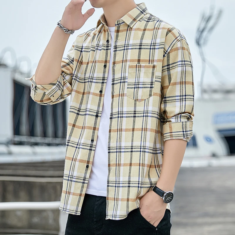 Männer Kariertes Hemd Flanell Langarm Streifen Shirts Straße Tasche Japan Baumwolle Lose Slim Fit Männlichen Beiläufigen Weichen Smoking Formale hemd – Detail 17