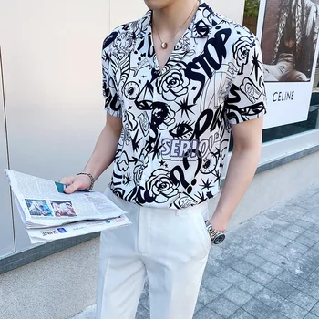 

2020 Summer Casual Slim Fit Shirt Men Short Sleeve Printing Streetwear Social Blouse Camisa Masculina Night Club Men Clothing