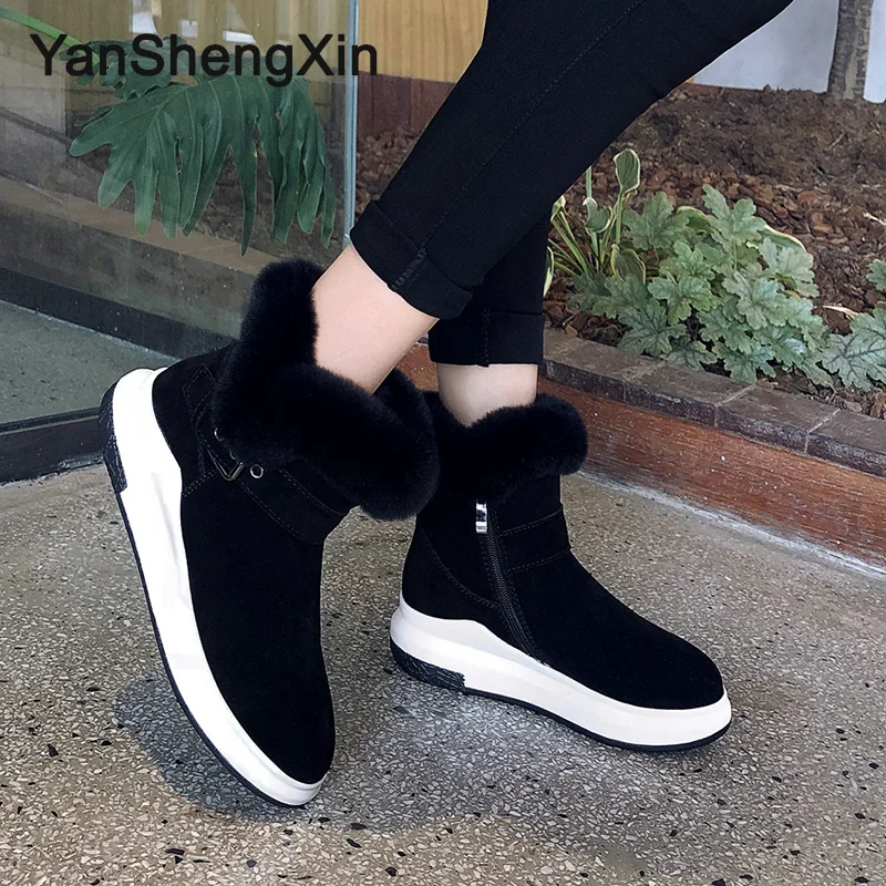 YANSHENGXIN/обувь; женские ботинки; зимние ботинки на платформе из коровьей кожи; теплая шерстяная женская обувь; зимние ботинки; модные женские ботинки с пряжкой