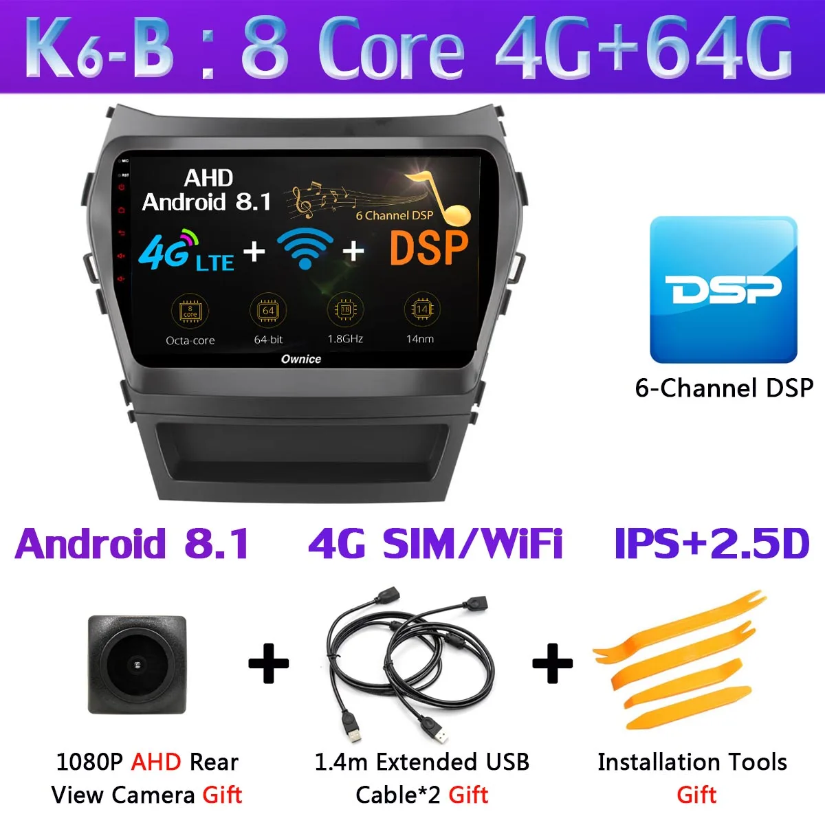 K6-B 360 ° панорамный 4G LTE Android 9,0 4G+ 64G DSP CarPlay Автомобильный мультимедийный плеер для hyundai Santa Fe 3 Grand IX45 2013- gps радио - Цвет: K6-B