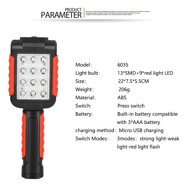 Портативный светодиодный фонарь Магнитный фонарик USB Перезаряжаемый ремонт Рабочая лампа 13* SMD красный свет факел подвесной крюк факел