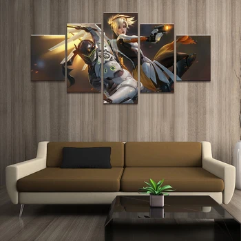 

Home Decor Poster HD Pictures Prints Canvas 5 Piece Modular Mercy Genji Overwatch Game Living Room Decorative Painting Framed