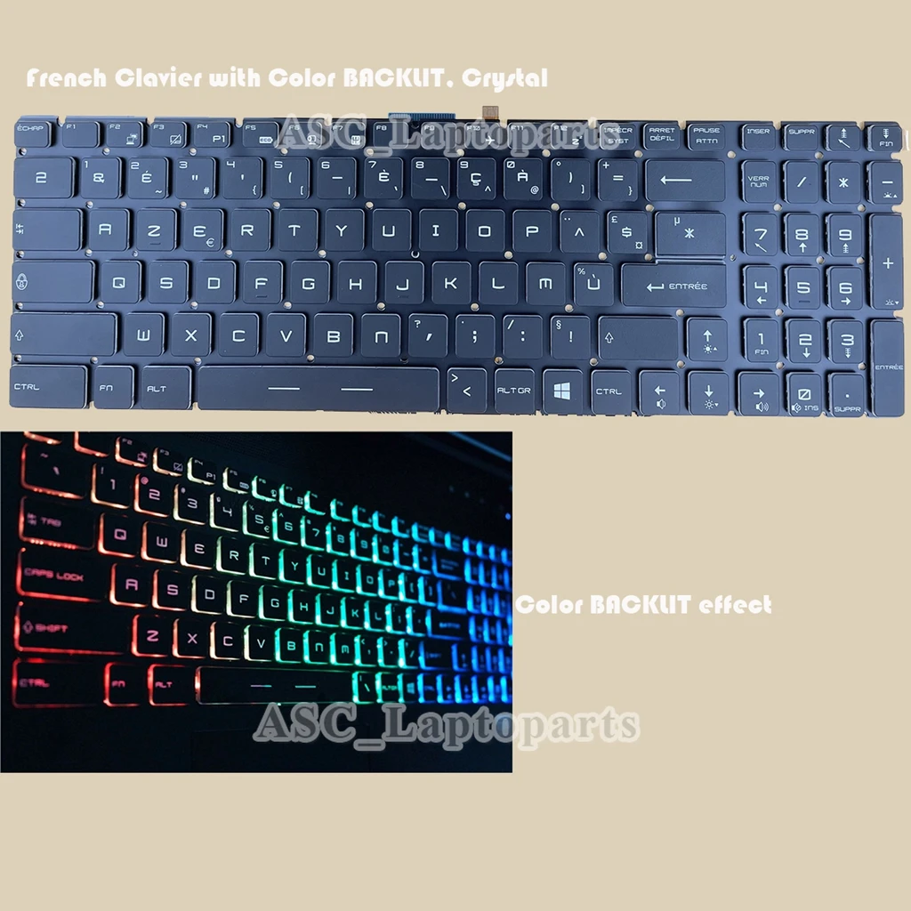 

New FR French Clavier Keyboard For MSI MS-1785 MS-16L2 MS-17A1 MS-1781 MS-1782 MS-1783 Colorful BACKLIT Crystal , Black NO Frame