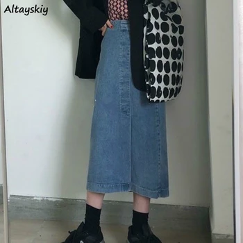 

Skirts Women All-match Summer Trendy High Waist Loose Split Pure Blue Vintage Long Ladies Jeans Skirt Ulzzang Chic Large Size