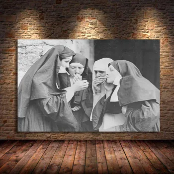 

Smoking Nuns Prints Vintage Photo Black and White Poster Cigarette Funny Wall Art Canvas Painting Picture Weird Room Home Decor