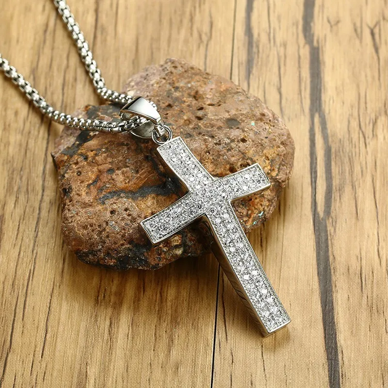

Vnox Large Cross Pendant Necklace Men Jewelry Full Cubic Zirconia Stone Not Falling