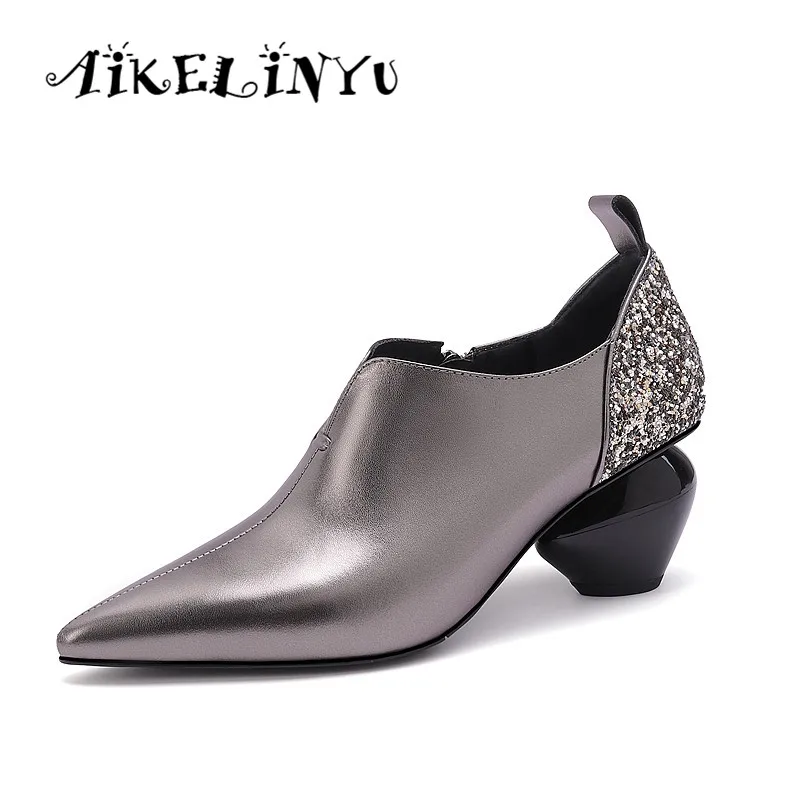 

AIKELINYU 2019 Comfortable Sequins Heel Pumps Fashion Pointed End High Quality Genuine Leather Shoes Unique Design Women's Pumps