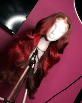 

13*6 Loose Wave Red wine color Wig Front Lace Human Hair Wigs For Women Pre Plucked Human Hair Wig Natural Hairline LINMAN