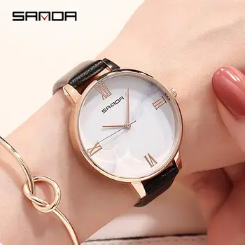 

Sanda Popular Women Watch For Female Clcok 3D Stereoscopic Dial Ladies Quartz Watch Casual Leather Strap Relogio Feminino