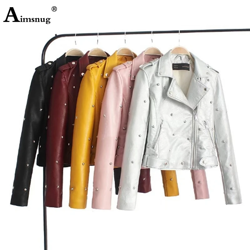 

Aimsnug Plus Size S-3XL Solid Motorcycle Leather Rivet Jacket Women Winter And Autumn Coat Zipper Outerwear jacket New 2019 Coat